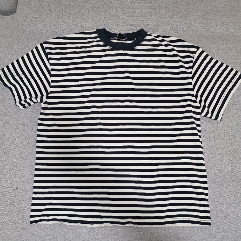 Zara Men's navy and cream striped T-shirt
